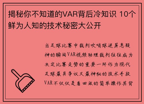 揭秘你不知道的VAR背后冷知识 10个鲜为人知的技术秘密大公开