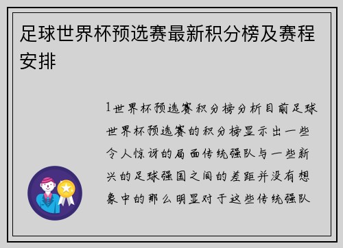足球世界杯预选赛最新积分榜及赛程安排